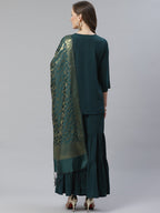 Jompers Women Green & Golden Solid Kurti with Sharara & Woven Design Dupatta - Distacart