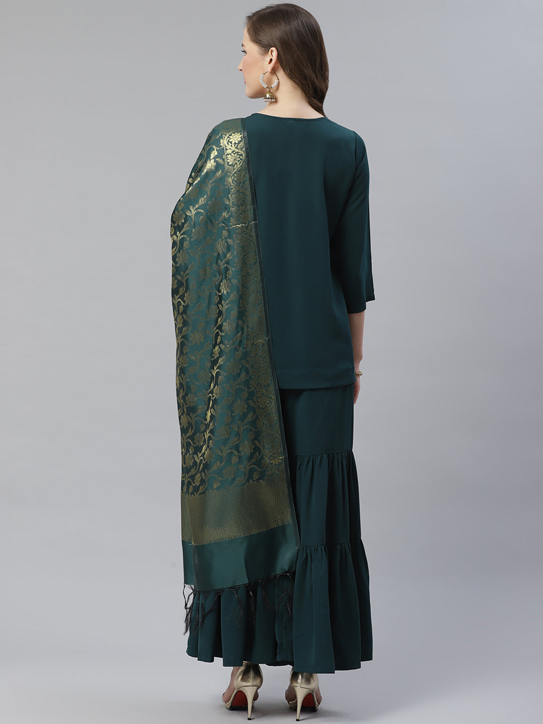 Jompers Women Green & Golden Solid Kurti with Sharara & Woven Design Dupatta - Distacart