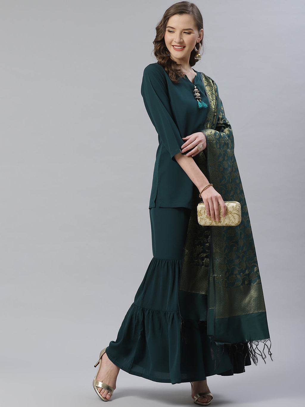 Jompers Women Green & Golden Solid Kurti with Sharara & Woven Design Dupatta - Distacart
