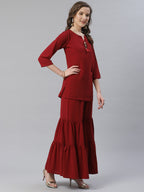 Jompers Women Maroon & Golden Solid Kurti with Sharara & Woven Design Dupatta - Distacart