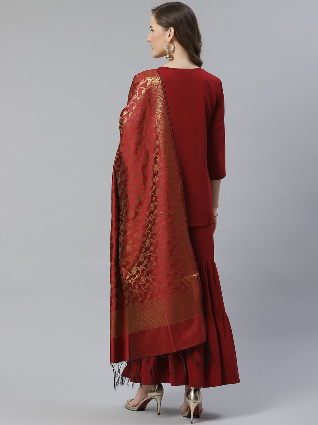 Jompers Women Maroon & Golden Solid Kurti with Sharara & Woven Design Dupatta - Distacart