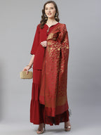 Jompers Women Maroon & Golden Solid Kurti with Sharara & Woven Design Dupatta - Distacart