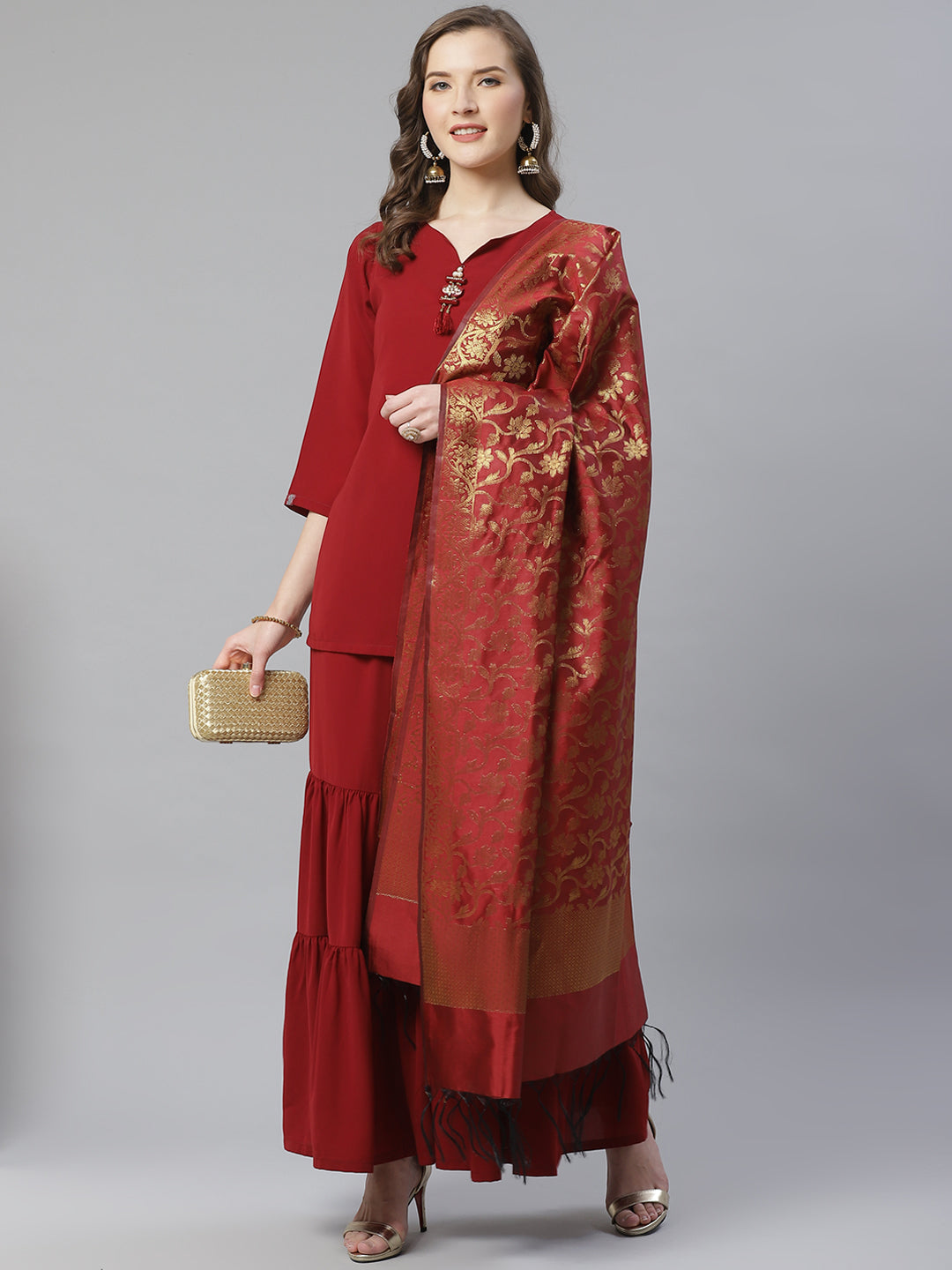 Jompers Women Maroon & Golden Solid Kurti with Sharara & Woven Design Dupatta - Distacart