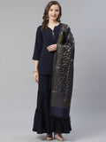 Jompers Women Navy Blue & Golden Solid Kurti with Sharara & Woven Design Dupatta - Distacart