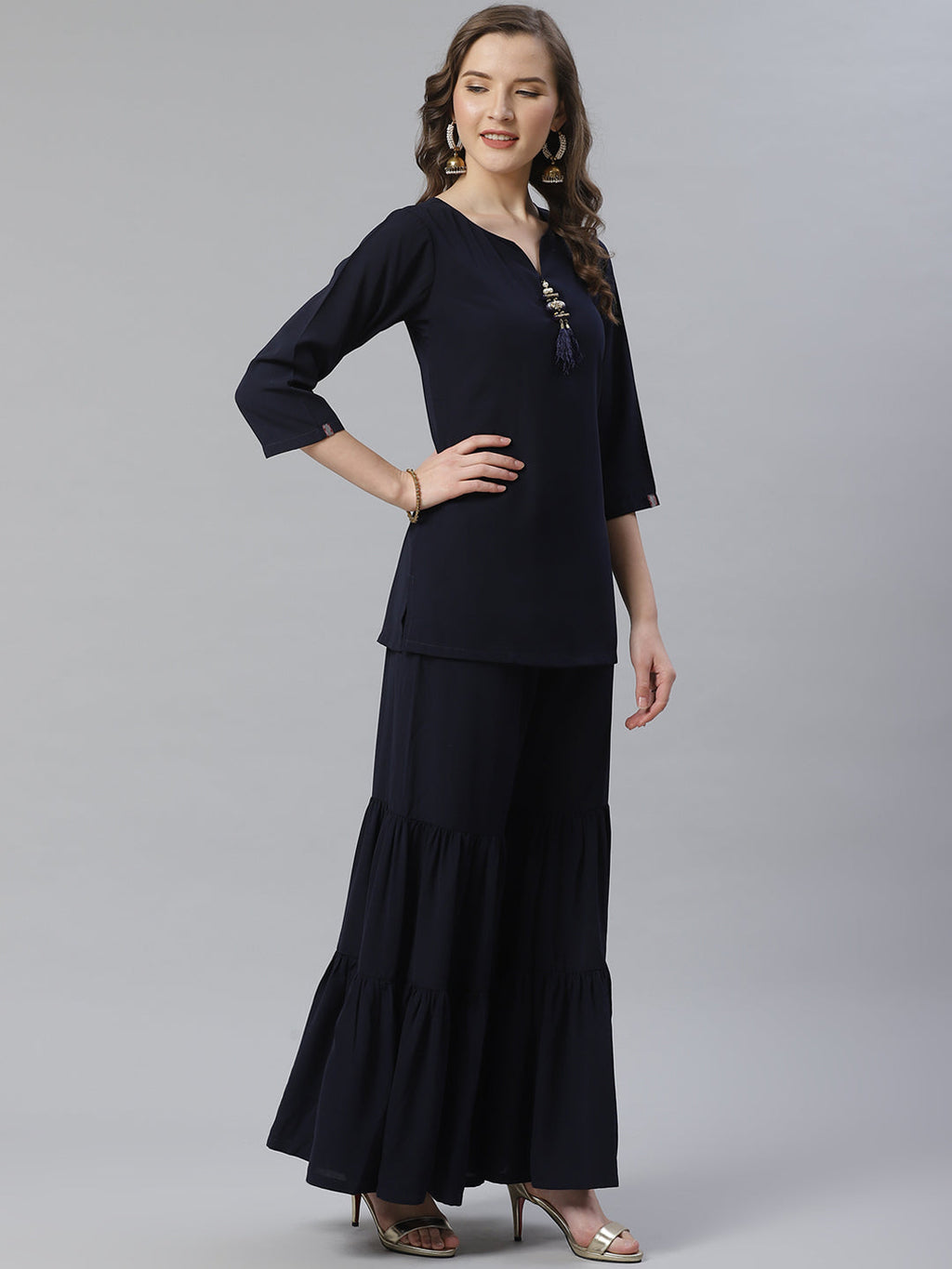 Jompers Women Navy Blue & Golden Solid Kurti with Sharara & Woven Design Dupatta - Distacart