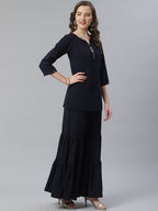 Jompers Women Navy Blue & Golden Solid Kurti with Sharara & Woven Design Dupatta - Distacart