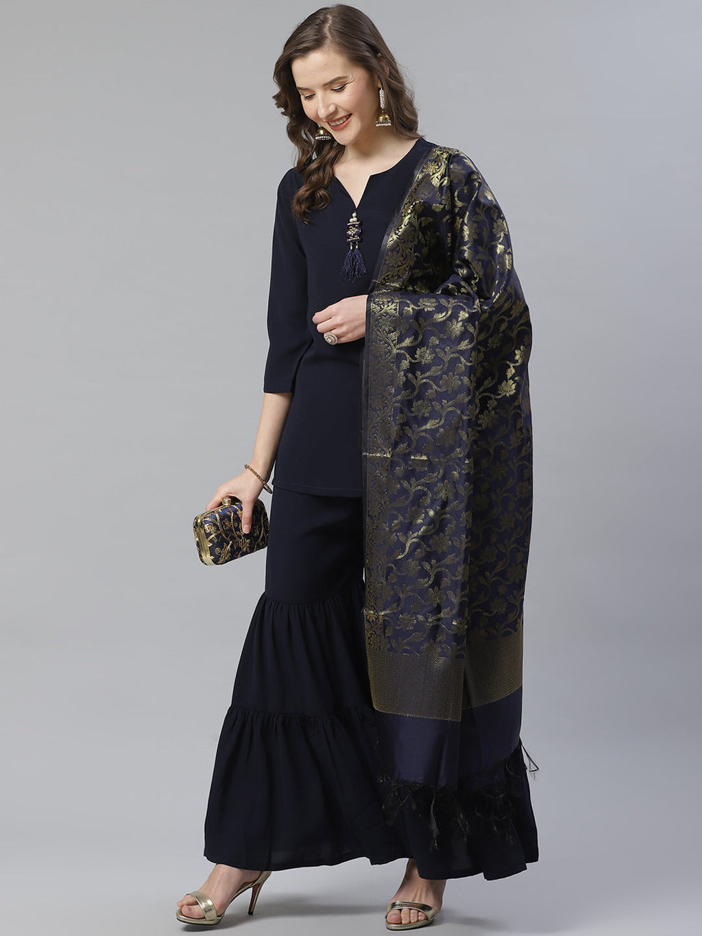 Jompers Women Navy Blue & Golden Solid Kurti with Sharara & Woven Design Dupatta - Distacart