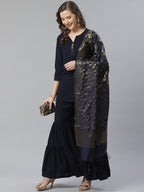 Jompers Women Navy Blue & Golden Solid Kurti with Sharara & Woven Design Dupatta - Distacart
