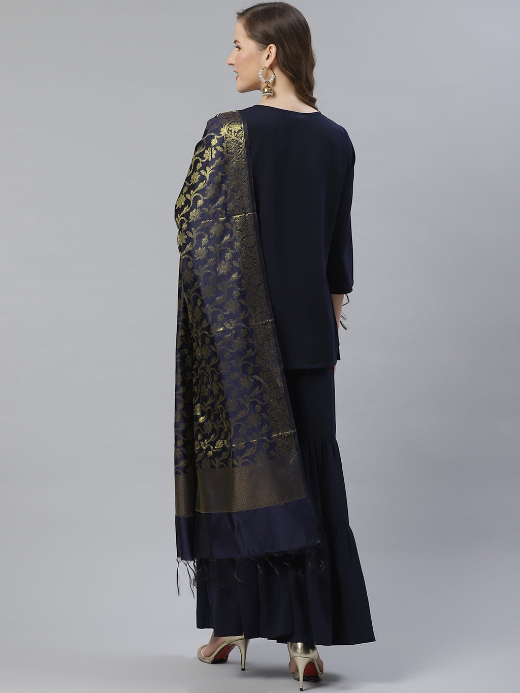 Jompers Women Navy Blue & Golden Solid Kurti with Sharara & Woven Design Dupatta - Distacart