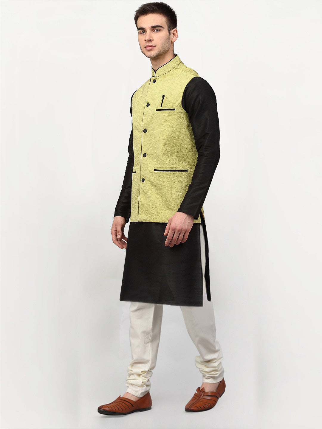 Jompers Men's Black Dupion Silk Kurta with Churidar & Nehru Jacket ( Green ) - Distacart