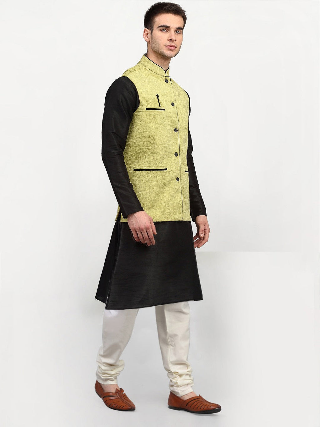 Jompers Men's Black Dupion Silk Kurta with Churidar & Nehru Jacket ( Green ) - Distacart