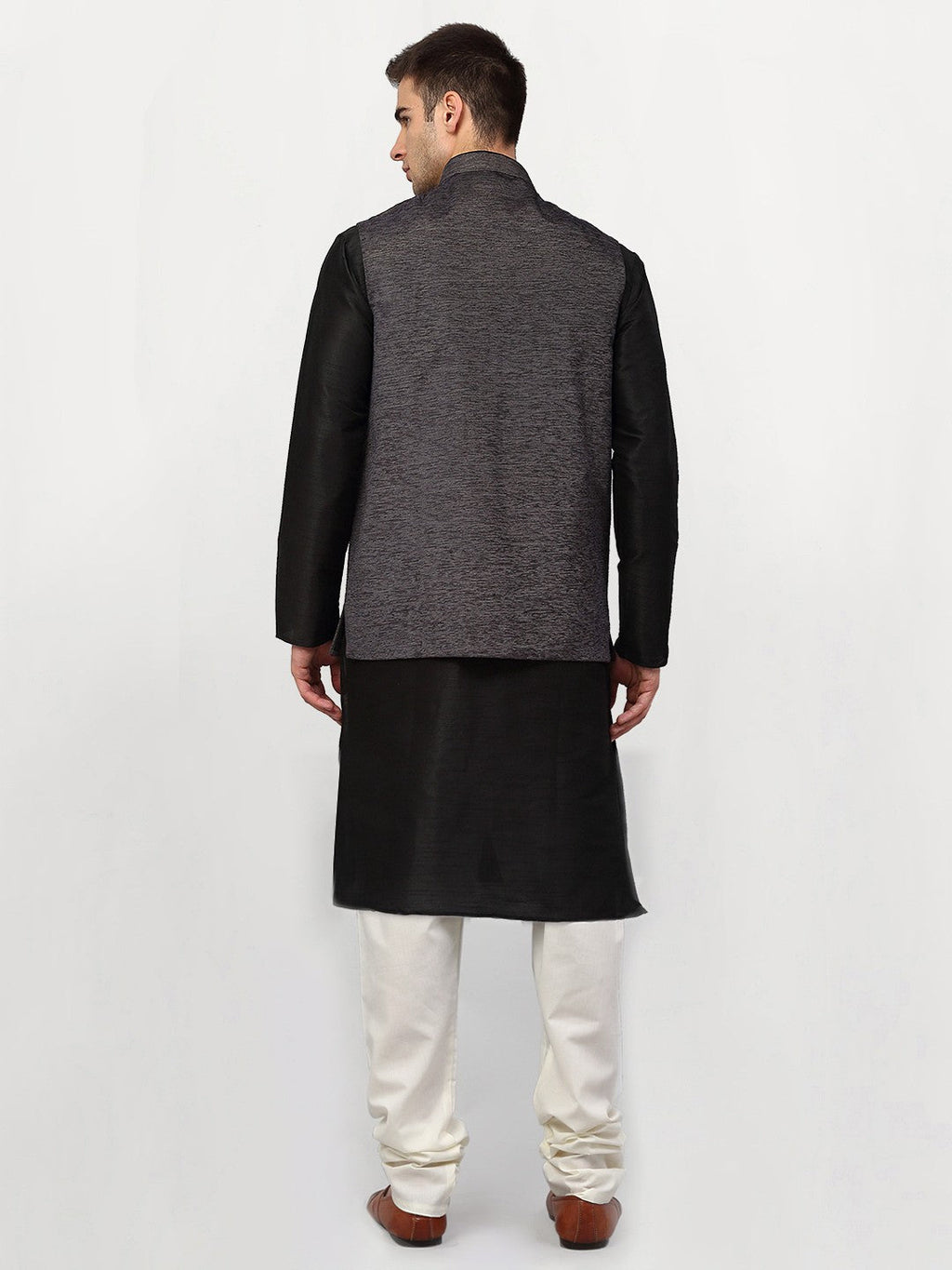 Jompers Men's Black Dupion Silk Kurta with Churidar & Nehru Jacket ( Grey ) - Distacart