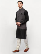 Jompers Men's Black Dupion Silk Kurta with Churidar & Nehru Jacket ( Grey ) - Distacart