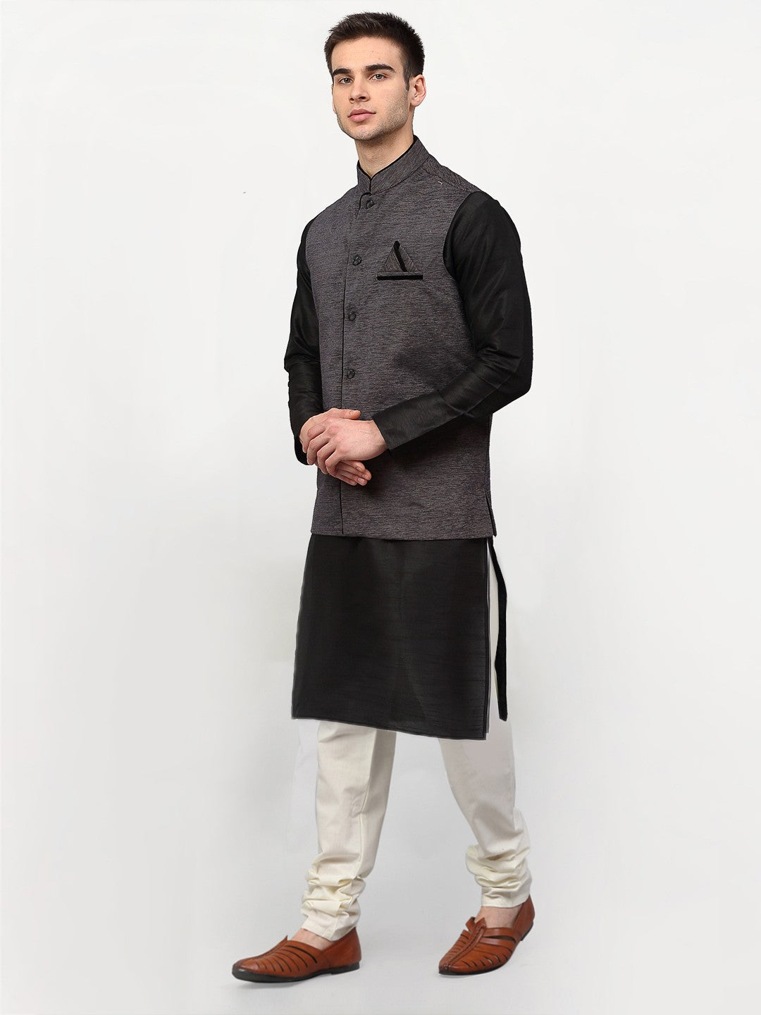 Jompers Men's Black Dupion Silk Kurta with Churidar & Nehru Jacket ( Grey ) - Distacart