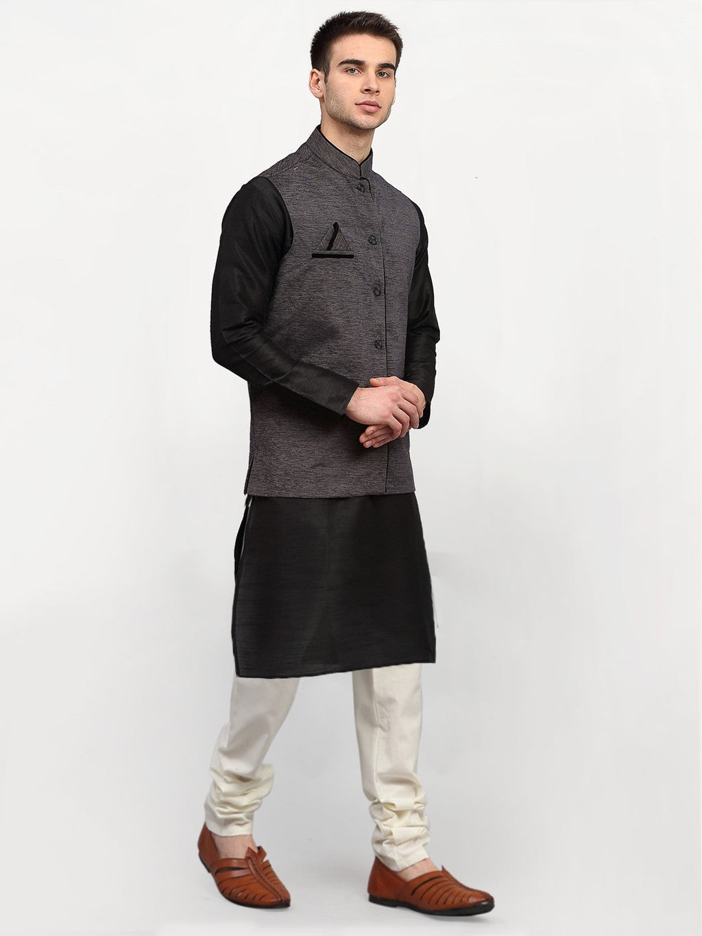 Jompers Men's Black Dupion Silk Kurta with Churidar & Nehru Jacket ( Grey ) - Distacart
