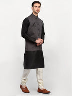 Jompers Men's Black Dupion Silk Kurta with Churidar & Nehru Jacket ( Grey ) - Distacart