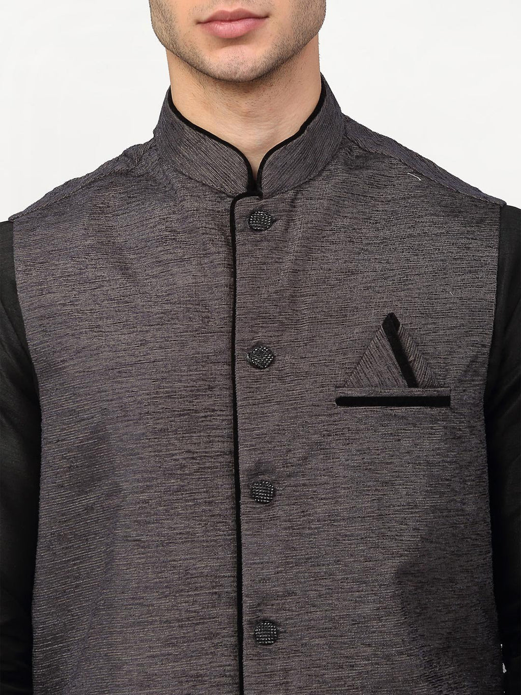 Jompers Men's Black Dupion Silk Kurta with Churidar & Nehru Jacket ( Grey ) - Distacart