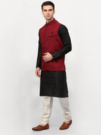 Jompers Men's Black Dupion Silk Kurta with Churidar & Nehru Jacket ( Maroon ) - Distacart