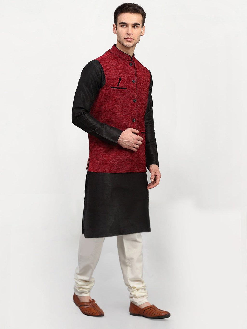 Jompers Men's Black Dupion Silk Kurta with Churidar & Nehru Jacket ( Maroon ) - Distacart
