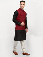 Jompers Men's Black Dupion Silk Kurta with Churidar & Nehru Jacket ( Maroon ) - Distacart
