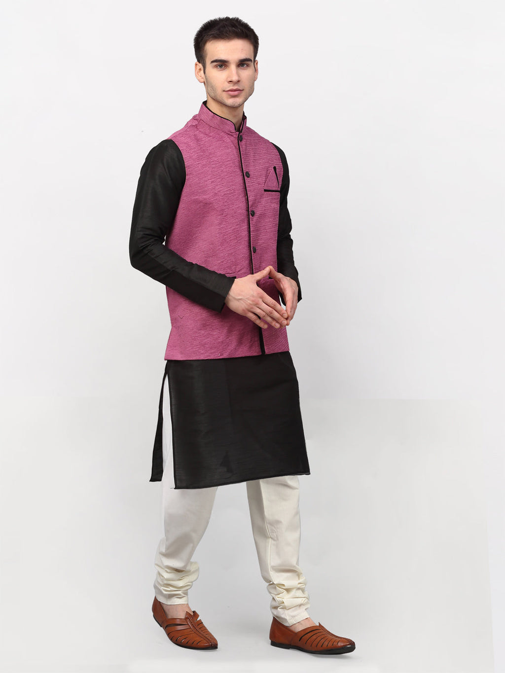 Jompers Men's Black Dupion Silk Kurta with Churidar & Nehru Jacket ( Purple ) - Distacart