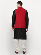 Jompers Men's Black Dupion Silk Kurta with Churidar & Nehru Jacket ( Red ) - Distacart