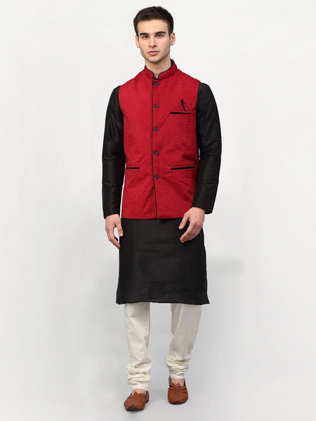 Jompers Men Black Dupion Silk Kurta with Chudidar & Nehru Jacket (Red)