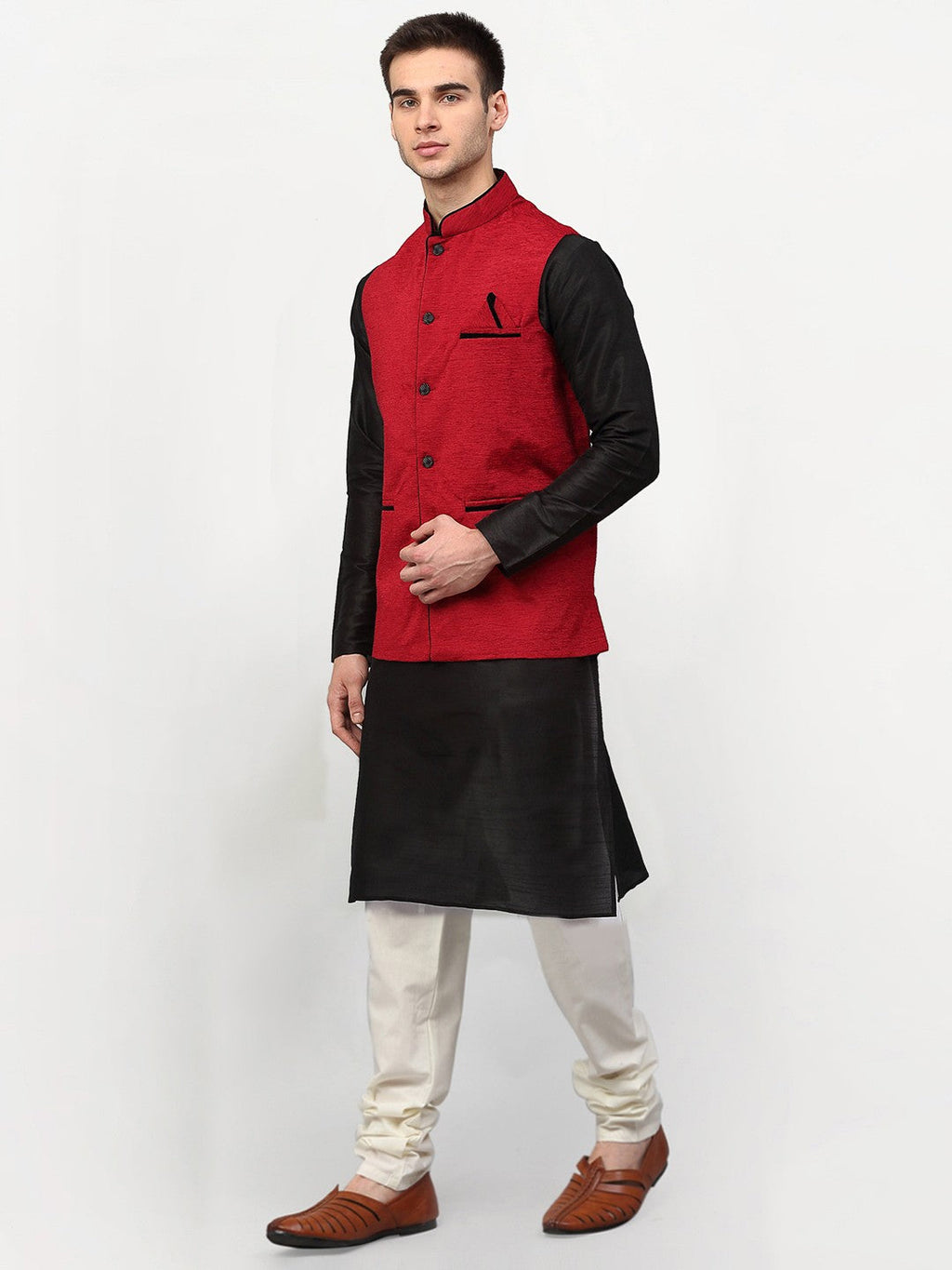 Jompers Men's Black Dupion Silk Kurta with Churidar & Nehru Jacket ( Red ) - Distacart