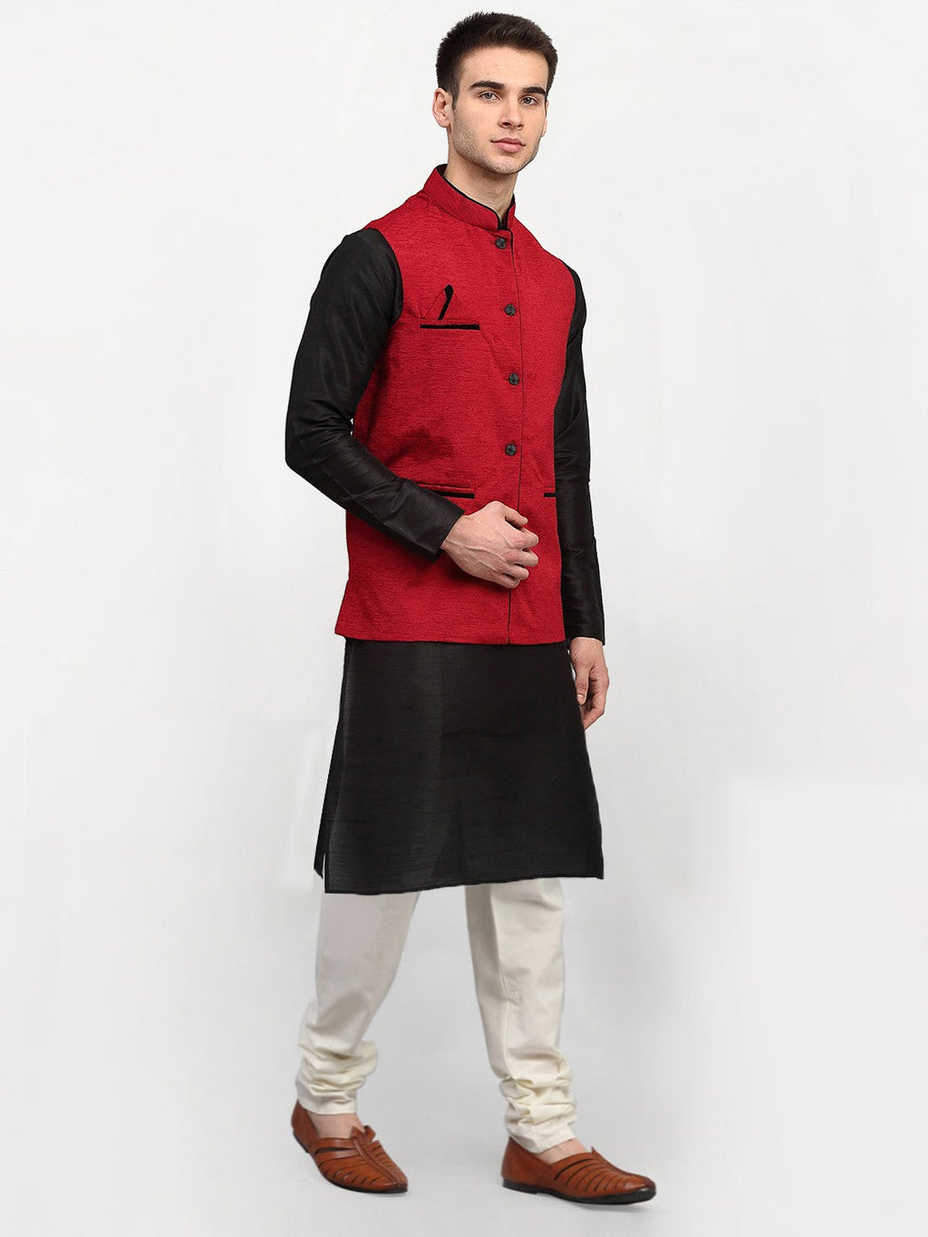 Jompers Men's Black Dupion Silk Kurta with Churidar & Nehru Jacket ( Red ) - Distacart