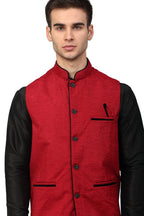 Jompers Men's Black Dupion Silk Kurta with Churidar & Nehru Jacket ( Red ) - Distacart