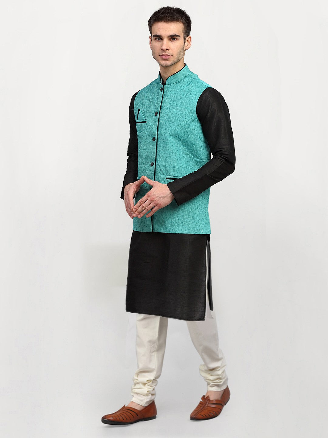 Jompers Men's Black Dupion Silk Kurta with Churidar & Nehru Jacket ( Sky ) - Distacart