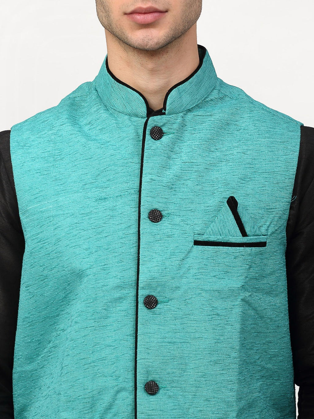 Jompers Men's Black Dupion Silk Kurta with Churidar & Nehru Jacket ( Sky ) - Distacart