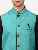 Jompers Men's Black Dupion Silk Kurta with Churidar & Nehru Jacket ( Sky ) - Distacart