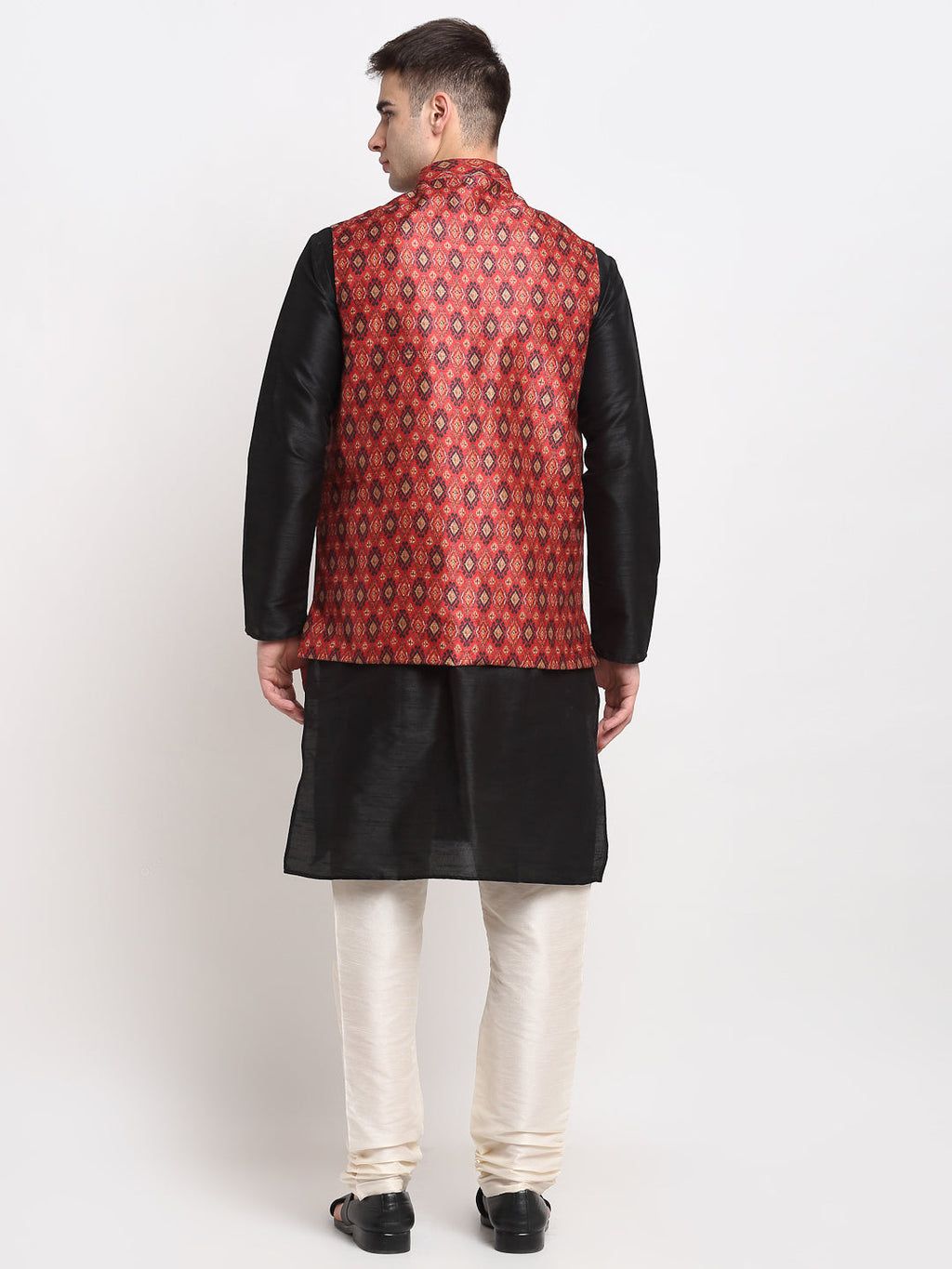 Jompers Men's Black Dupion Silk Kurta with Churidar & Nehru Jacket ( Red ) - Distacart