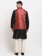 Jompers Men's Black Dupion Silk Kurta with Churidar & Nehru Jacket ( Red ) - Distacart