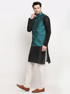 Jompers Men's Black Dupion Silk Kurta with Churidar & Nehru Jacket (Green ) - Distacart