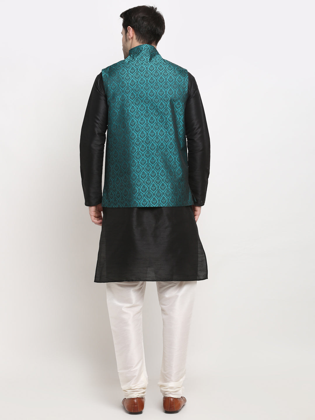 Jompers Men's Black Dupion Silk Kurta with Churidar & Nehru Jacket (Green ) - Distacart