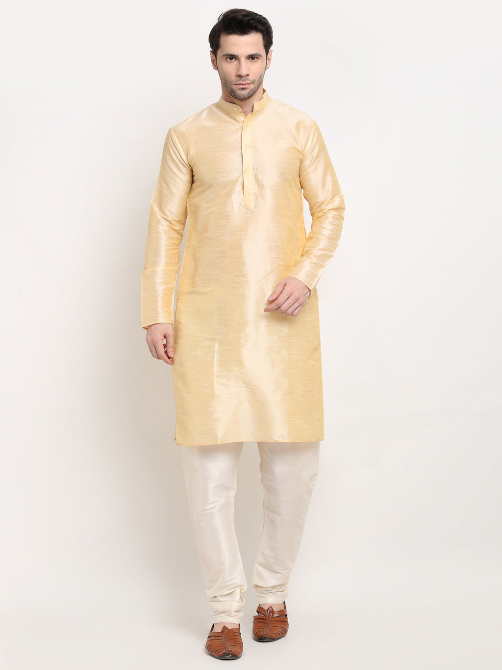 Jompers Men's Golden Dupion Silk Kurta with Churidar & Nehru Jacket ( Black ) - Distacart