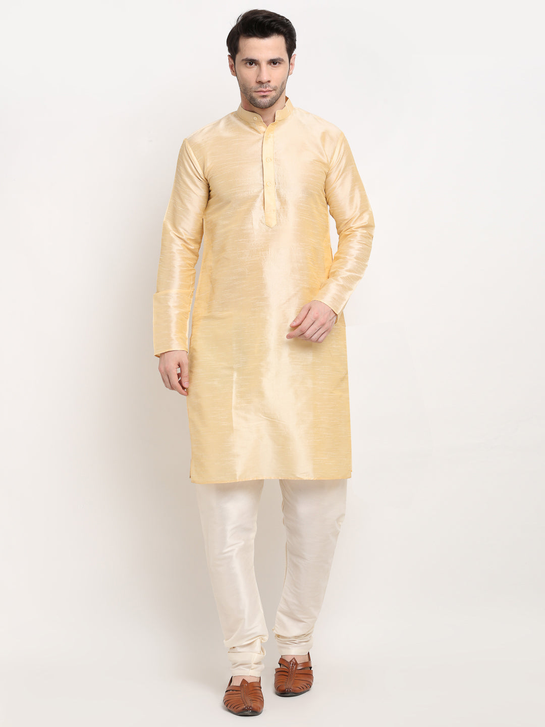 Jompers Men's Golden Dupion Silk Kurta with Churidar & Nehru Jacket ( Black ) - Distacart