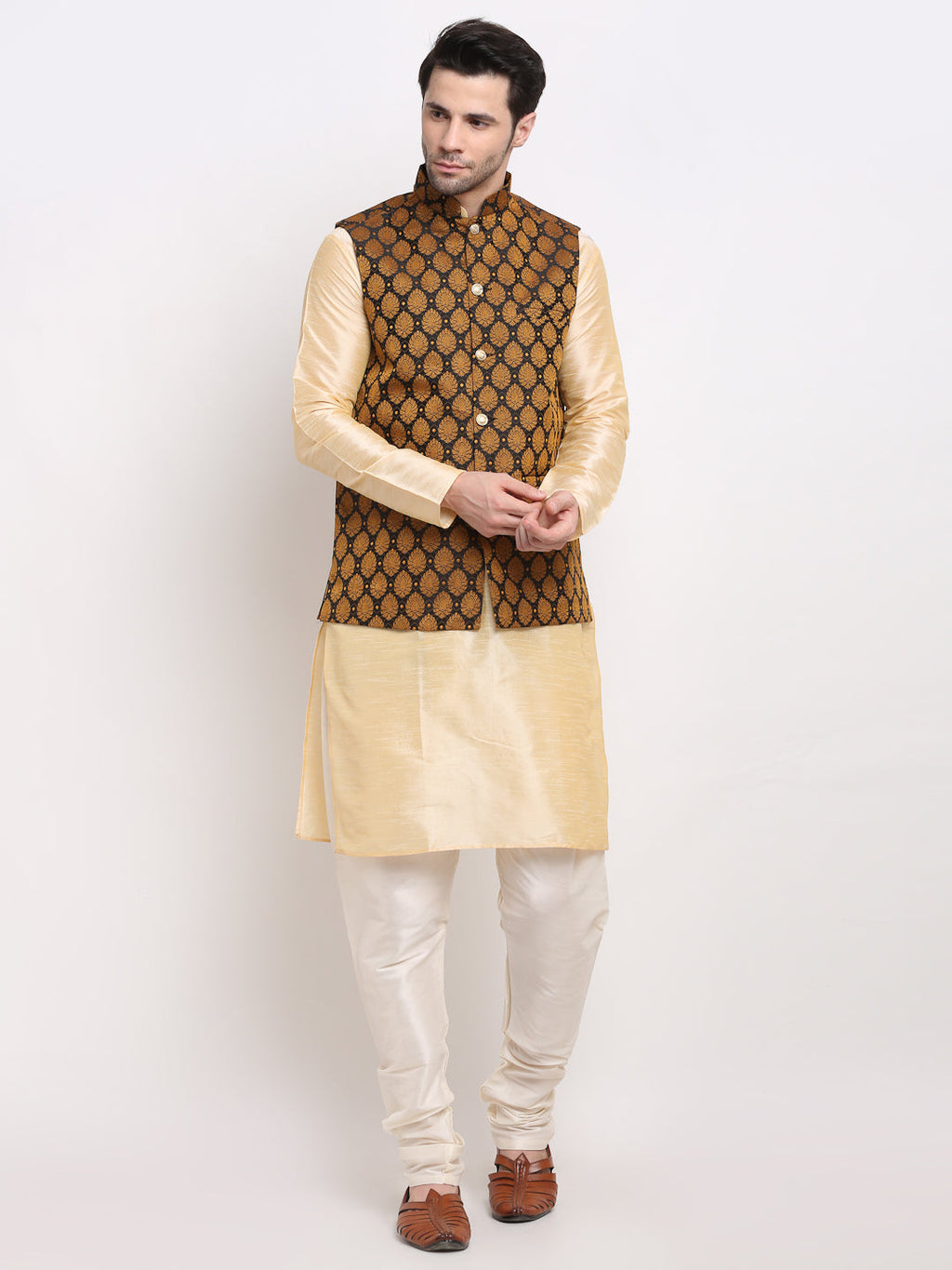 Jompers Men's Golden Dupion Silk Kurta with Churidar & Nehru Jacket ( Black ) - Distacart
