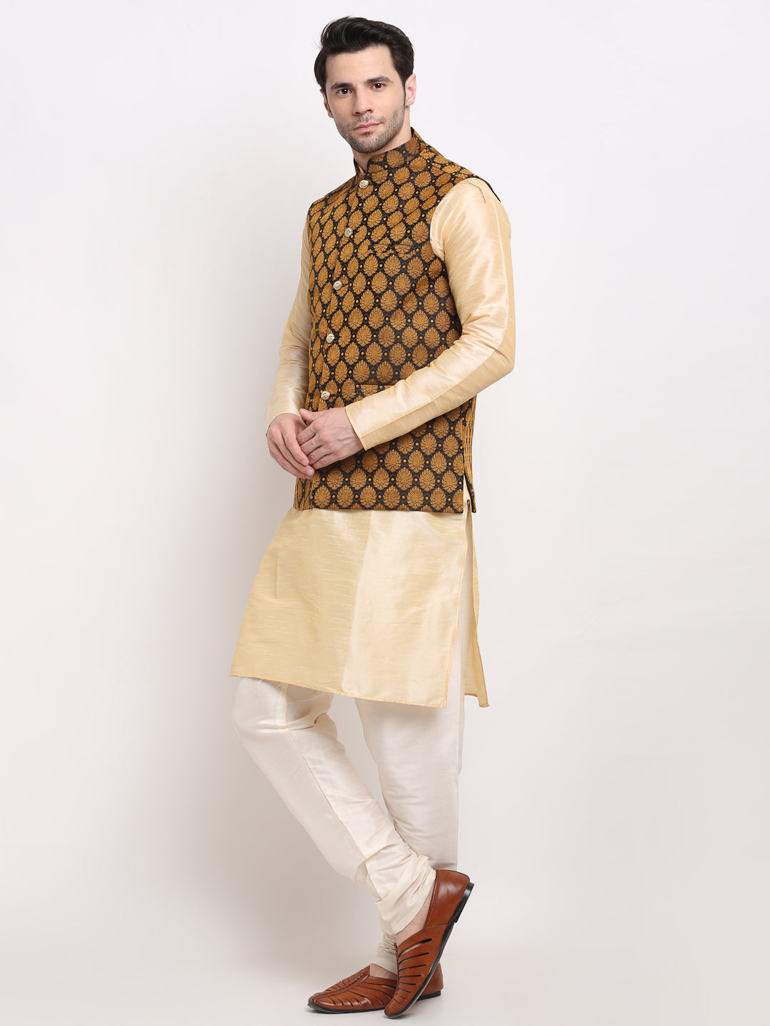Jompers Men's Golden Dupion Silk Kurta with Churidar & Nehru Jacket ( Black ) - Distacart