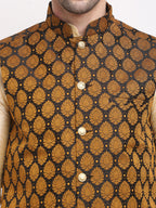 Jompers Men's Golden Dupion Silk Kurta with Churidar & Nehru Jacket ( Black ) - Distacart
