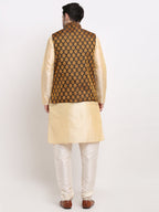 Jompers Men's Golden Dupion Silk Kurta with Churidar & Nehru Jacket ( Black ) - Distacart
