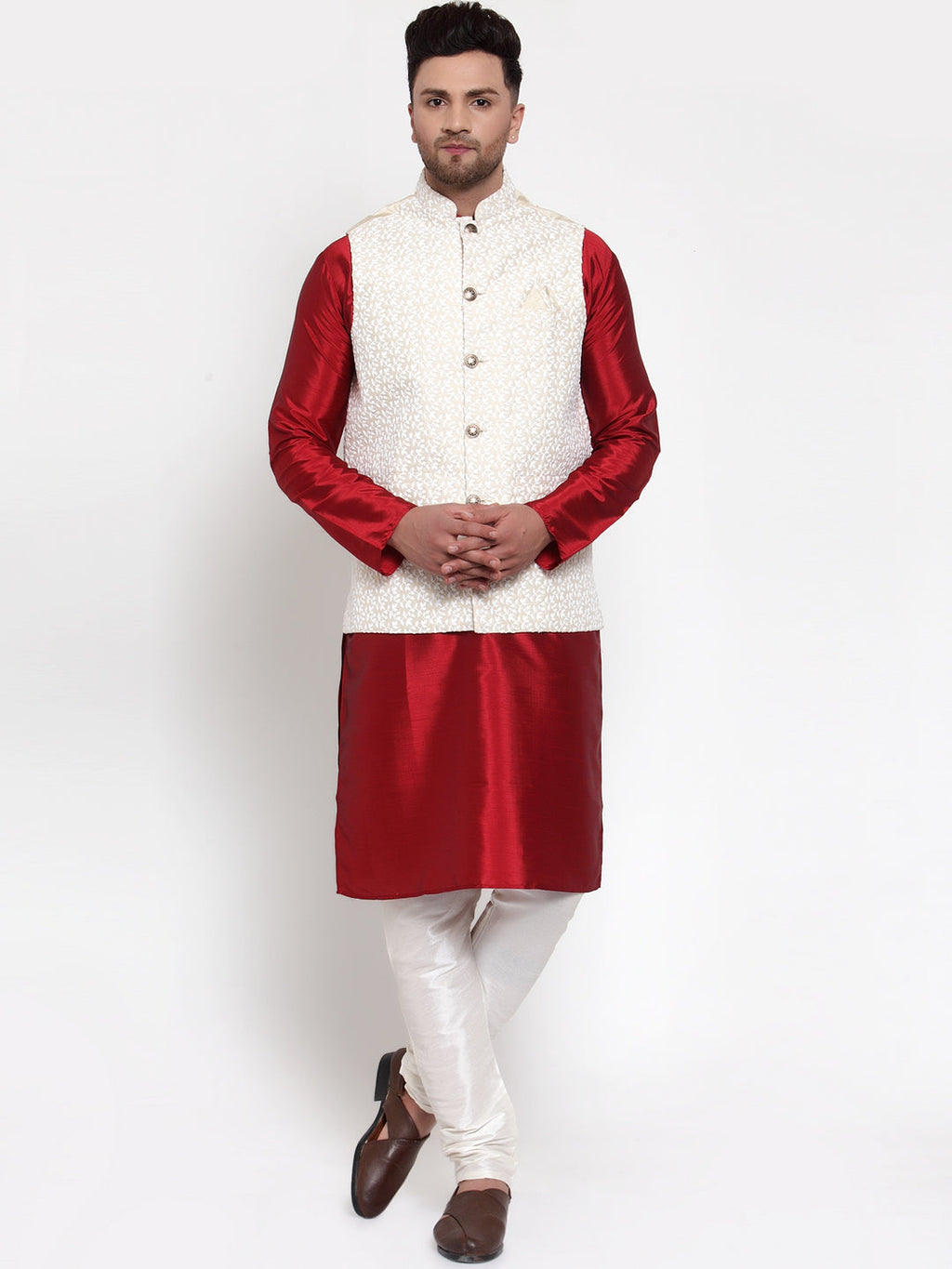 Jompers Men's Solid Dupion Kurta Pajama with Embroidered Nehru Jacket - Distacart