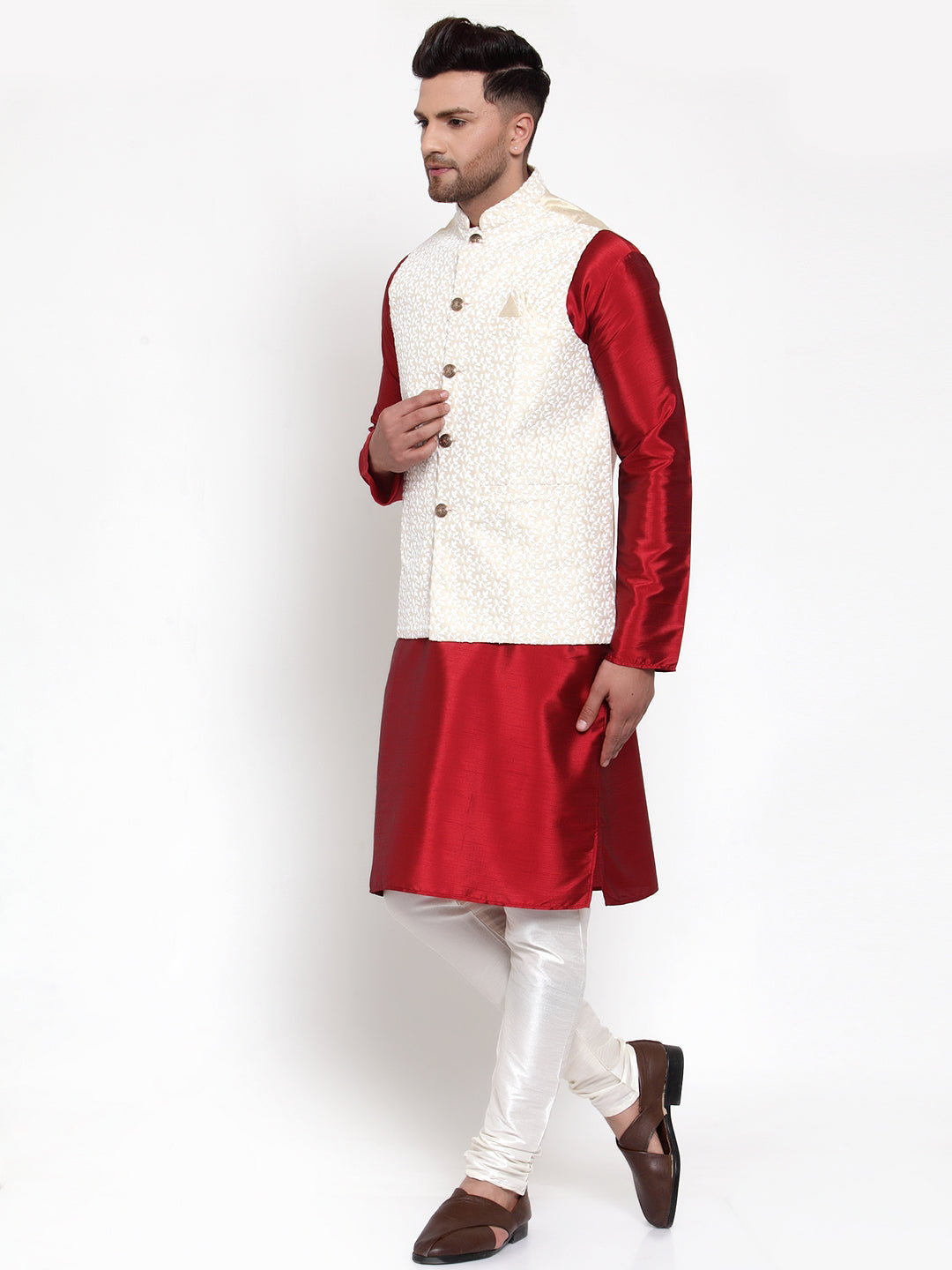 Jompers Men's Solid Dupion Kurta Pajama with Embroidered Nehru Jacket - Distacart