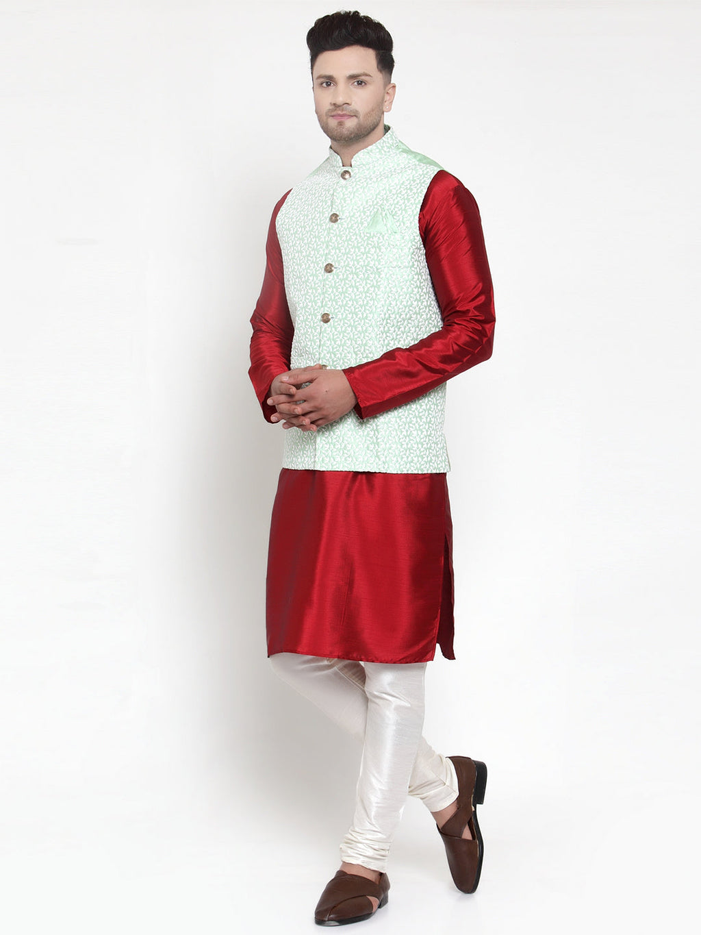 Jompers Men's Solid Dupion Kurta Pajama with Embroidered Nehru Jacket (Light-Green) - Distacart