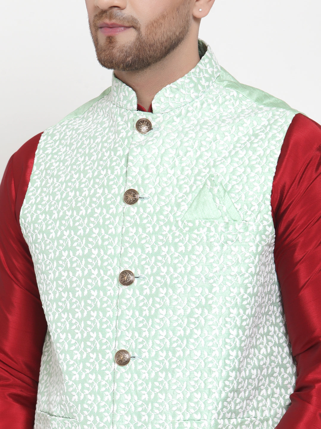 Jompers Men's Solid Dupion Kurta Pajama with Embroidered Nehru Jacket (Light-Green) - Distacart