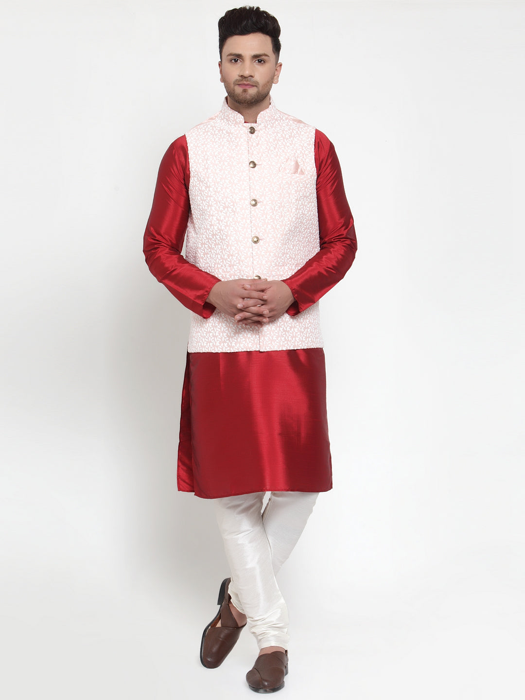 Jompers Men's Solid Dupion Kurta Pajama with Embroidered Nehru Jacket (Pink) - Distacart