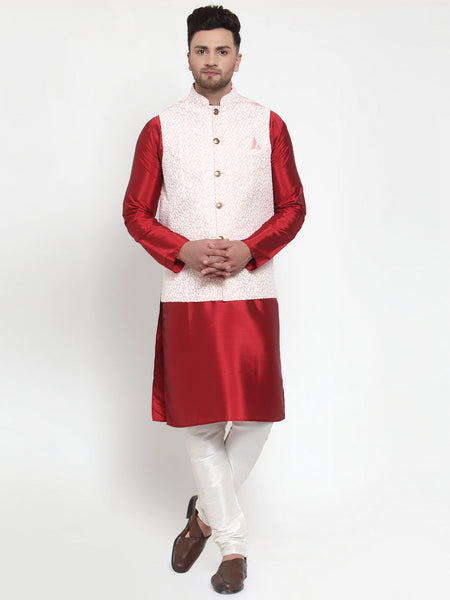 Jompers Men's Solid Dupion Kurta Pajama with Embroidered Nehru Jacket (Pink)