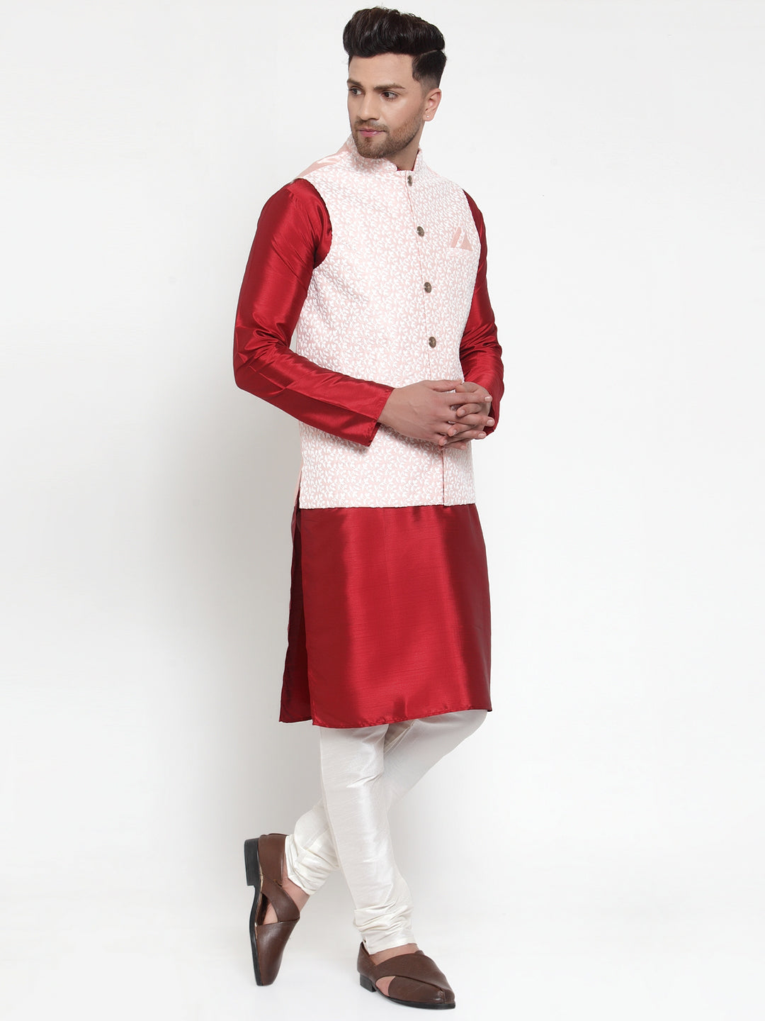 Jompers Men's Solid Dupion Kurta Pajama with Embroidered Nehru Jacket (Pink) - Distacart